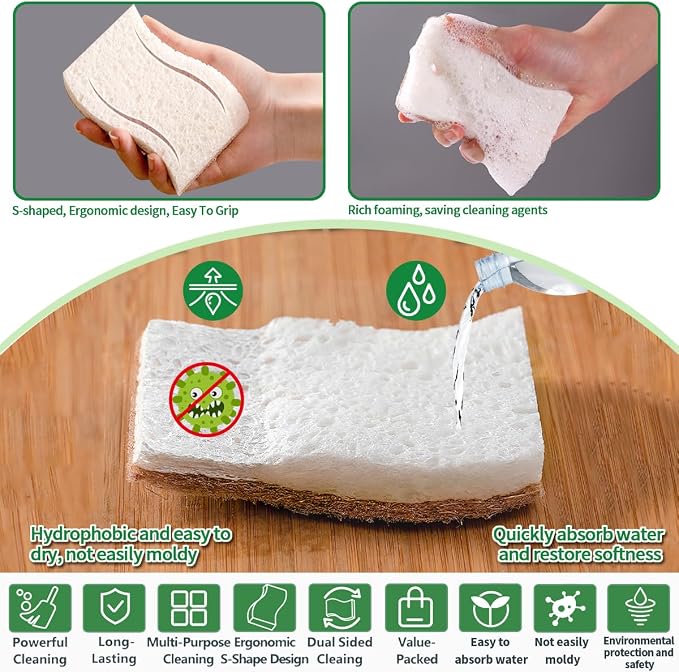 Sponges Kitchen Natural Dish Sponge Plant-Based Biodegradable Compostable Cellulose with Coconut Scrubber Sponge Non Scratch Eco Friendly Kitchen sponges for Kitchen Dishes（Pack of 24）