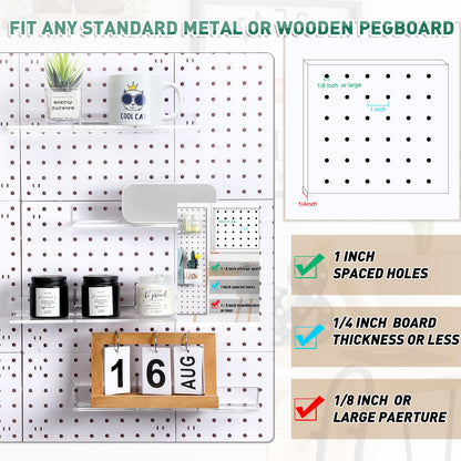 Lounsweer 4 Set Pegboard Shelf Clear Acrylic with Metal Hooks Organizer Accessories Storage for Pegboard Display Wall Craft Room Home Garage Nursery Kitchen Workbench(L Shape,12 x 4 Inch)