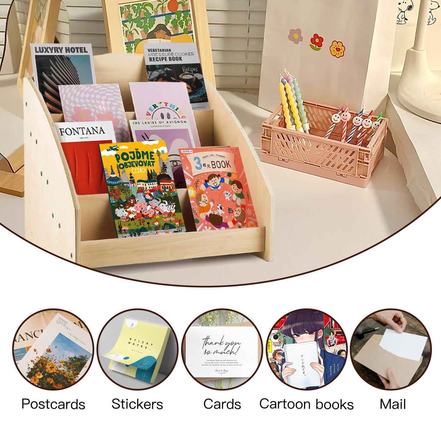 ZHIYUEJING 4-Tier Wooden Greeting Card Display Stand, Sticker Card Display Stand & Postcard Holder,Greeting Card Organizer,Retail Counter Rack for Brochures, Photos, &Stationery