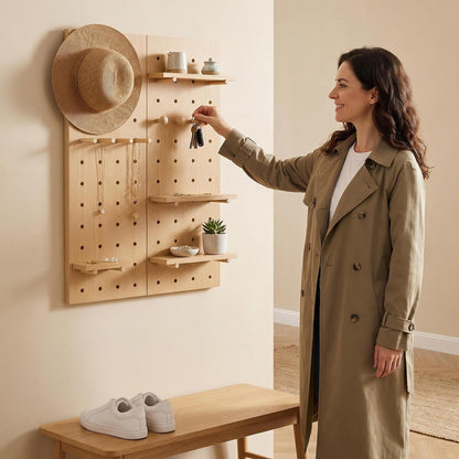 Lumiterra Large Wood Pegboard Wall Organizer - Heavy Duty 2-Panel Wooden Peg Board Kit with Shelves, Modular Wall Storage Display for Craft Room, Office, Bedroom