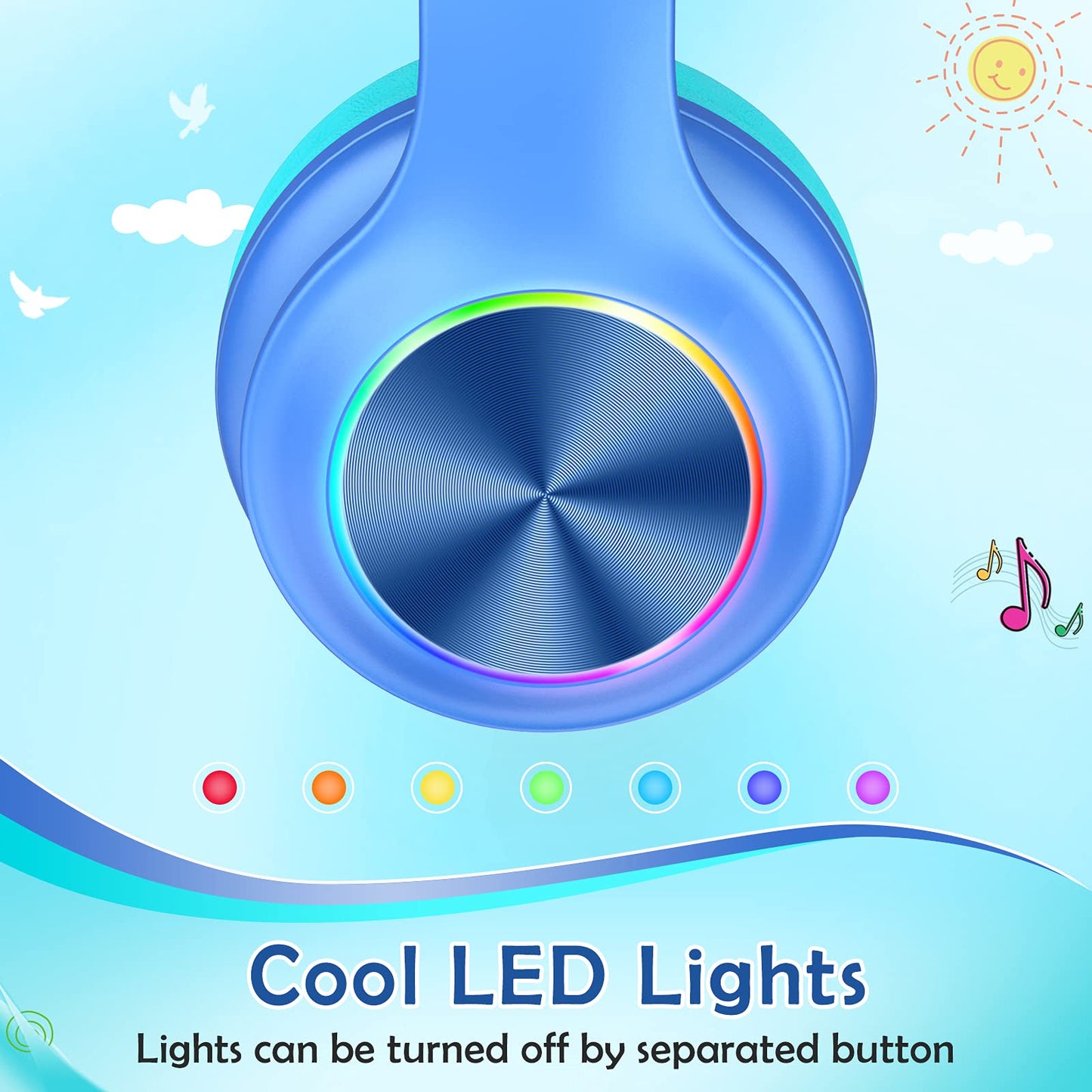 Candy Bila Kids Bluetooth 6.0 Headphones with LED Light, 85Hours Playtimes, Type-C Fast Charging, 85/94dB Volume Limited, Comfort Wireless Headphones with Built-in Mic, Wired & TF Card Mode, Blue