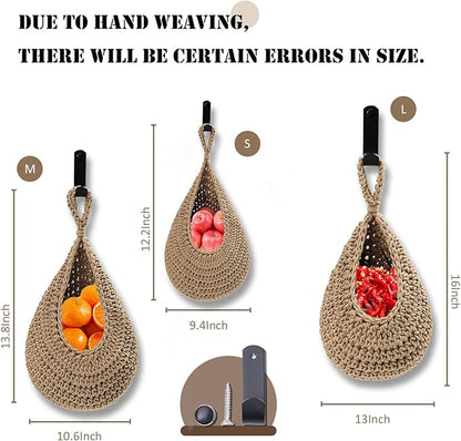 Hanging Fruit Basket Set of 3, Boho Wall Hanging Storage Jute Basket