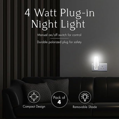 Projectpak Plug in Night Light with Manual On/Off Switch for Hallway, Bedroom, Stairways – Includes 4W Incandescent Bulb | 4 Pack