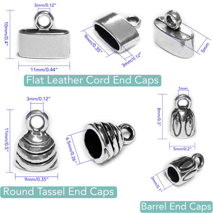 Silver Cord End Cap 90 Pcs Kumihimo Kit Flat Leather Cord End Caps Round Tassel End Caps Barrel End Caps Bracelet Making Supplies Leather Bracelet Making Kit by Heather's cf