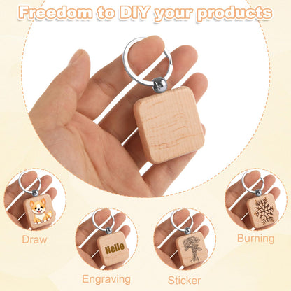 YAYODS 70 Pieces Wood Keychain Blanks, Square Wooden Blanks Bulk with Key Rings, Engraving Wood Keychain Tag for DIY Crafts Gift