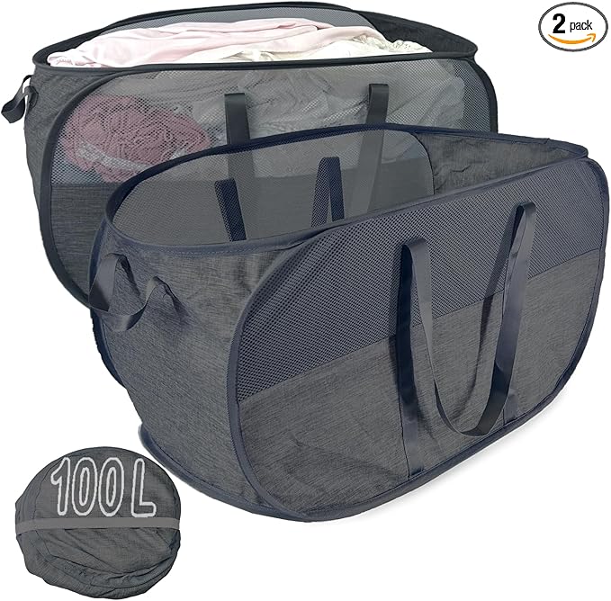 Extra Large Mesh Pop Up Laundry Hamper 2 Pack, 100L Collapsible Laundry Baskets
