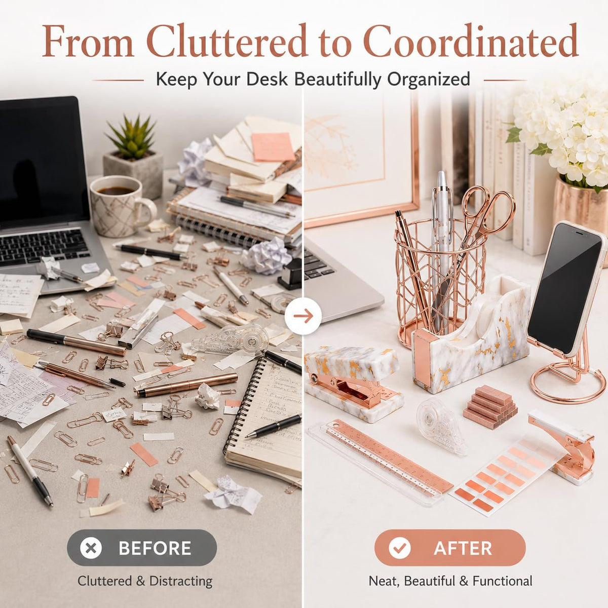 Office Desk Accessories Supplies - 14 Pcs Women Rose Gold Marble Desk Decor Set, Cute Aesthetic Office Essentials Kit, Stapler Tape Dispenser Pen Organizer, Acrylic Mini Teacher Stuff for School Home