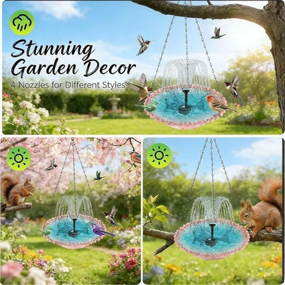 Hanging Solar Bird Bath Fountain with Water Pump, Plastic Basin, 4 Nozzles, Sturdy Metal Chains, Outdoor Garden Decor (Cannot Spray Water, Black)