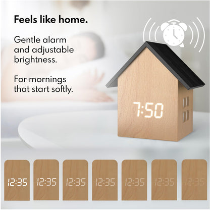 Driini Digital House-Shaped Alarm Clock with Temperature Display (Light Wood) – Modern Aesthetic - Cute Cube Frame and White LED Dimmer - Perfect Small Desk Clock for Bedside Table or Bedroom Mantle