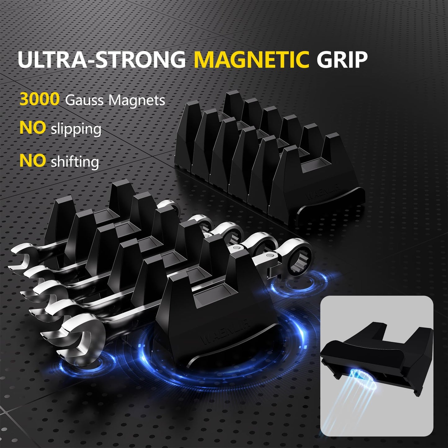 WAENLIR 48PCS Magnetic Modular Wrench Organizer Set-Tool Drawer Storage Rack with Metric&SAE Labels, Wrench Holder with Magnet, Perfect Tool Gift for Men, father, boyfriend, DIYers & Mechanics (Black)