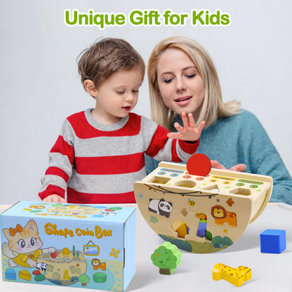 Humerry Montessori Busy Box for Toddlers 1-3, Wooden Object Permanence Coin Box with Shape Sorter & Animal Matching, Fine Motor Sensory Learning Toy with Wobble Base, Gift for 1 2 3 Year Old