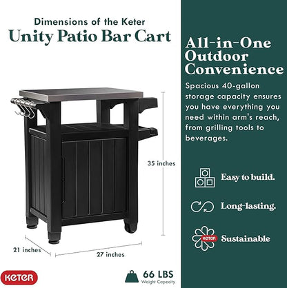 Keter Outdoor Grill Prep Table & Serving Cart, Stainless Steel Top, Unity, 40 Gal, Brown - Portable Bar Table and Cooking Accessory for Pool, Patio, Lawn, and Backyard