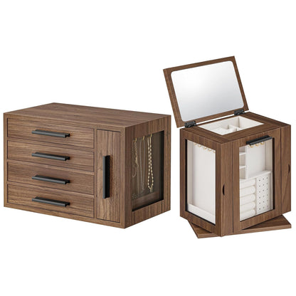 HOOBRO Jewelry Box for Women, Wooden Jewelry Organizer with Transparent Window and 360° Rotating Jewelry Box with Mirror, Jewelry Organizer with 4 Drawers Bundle, BH09JB04-BH31JB04
