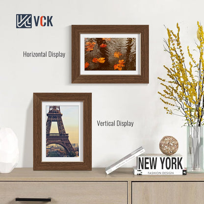 VCK 5x7 Picture Frame with Glass - 4 Pack, Display Pictures 4x6 with Mat or 5 x 7 without Mat - Wall and Tabletop, 5 by 7 Photo Brown Wooden Frames