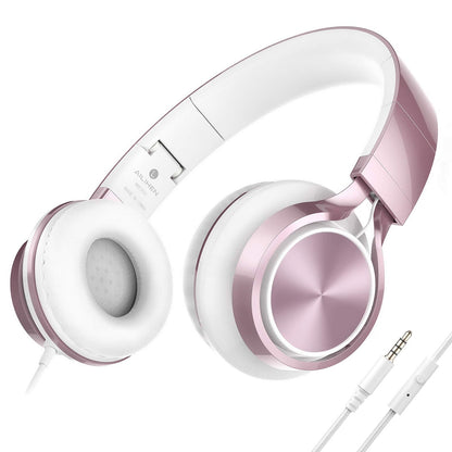 AILIHEN Wired Headphones with Mic, Girls Headphones for School, On-Ear Headsets for Chromebook Laptop Computer, Foldable Adjustable Teen Kids, Plug in Corded Headsets with 3.5mm Jack (Rose Gold)