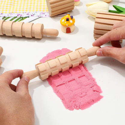 Kisangel Wooden Play Dough Tools Set of 12 for Kids - Pottery Texture Rollers & Clay Stamps - Natural Wood Sculpting & Molding Toys for Toddlers Arts and Crafts