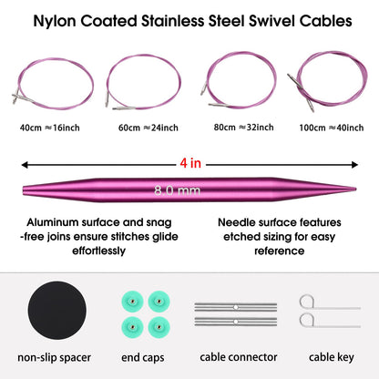 Guclud 4-Inch Interchangeable Circular Knitting Needles Set | US 2.5-15 (3.0-10.0mm) | 13-Pair of Metal Circular Needles | 4 Cables (16", 24", 32", and 40"), Accessories & Case