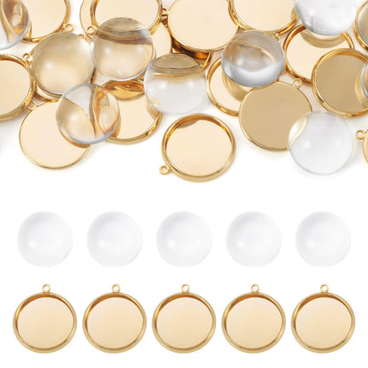 Beadthoven 40Pcs DIY Pendant Trays Kit, 14mm Round Bezel Pendant Trays Blanks Real 18K Gold Plated Brass Cabochon Settings with Clear Glass Cabochons for DIY Crafting Photo Jewelry Making