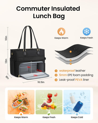 LOVEVOOK Lunch Tote Bag for Women 15.6 Inch, 3-in-1 Teacher Bag with Insulated Lunch Compartment, Padded Laptop Sleeve & File Organizer, Nurse Work Tote Bag with Cup Holder, Black