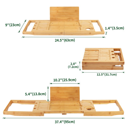 Utoplike Bamboo Bathtub Caddy Tray Bath Tray for Tub, Adjustable Bathroom Bathtub Organizer with Book Tablet Wine Glass Cup Towel Holder (24.5"-37.4")