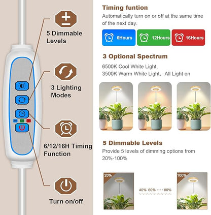Aokrean Grow Lights for Indoor Plants, 48 LEDs Full Spectrum Plant Grow Light, Height Adjustable Faux Wood Grain Halo Plant Light with Base, 3 Optional Spectrums, Auto Timer 6/12/16Hrs, 5 Brightness