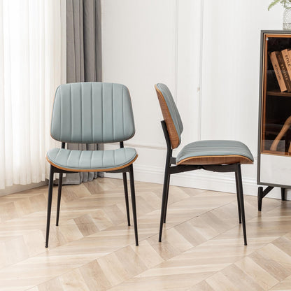 LUNLING Dining Chairs Set of 2,Mid Century Modern Retro Faux Leather Chair with Walnut Bentwood Upholstered Seat Metal Legs Adjustable Foot for Kitchen Dining Room Chairs(Blue)