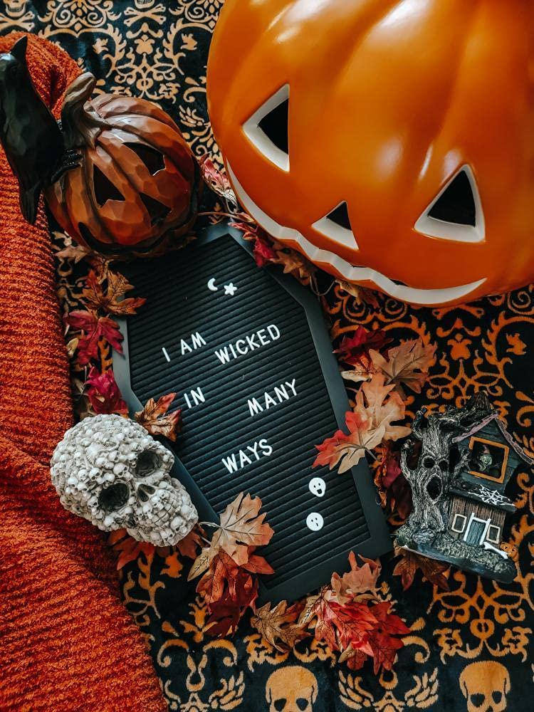 Nomnu Coffin Letter Board Black +3D Bat Stickers +650 Characters, Spooky Seasonal Emojis, Wooden Stand - 17x10.5 Inches - Coffin Shaped Goth Decor Sign Halloween Decorations Gothic Decor Birthday Home Spooky Gifts