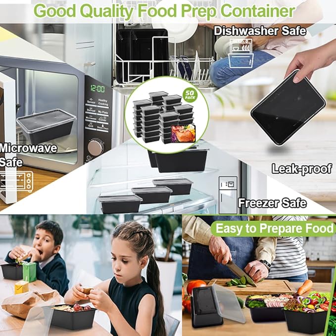 50-Pack Food Prep Containers, 1000ML/ 34 OZ Microwavable Food Storage Containers