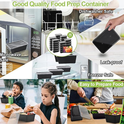 50-Pack Food Prep Containers, 1000ML/ 34 OZ Microwavable Food Storage Containers
