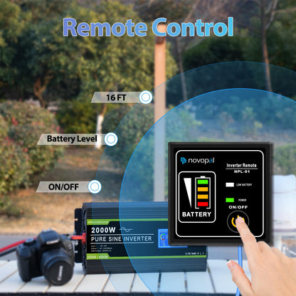 NOVOPAL 2000 Watt Pure Sine Wave Power Inverter DC 12V to AC 110V 120V Rv Inverters with 1 USB Port-16 feet Remote Control, LCD Display for Truck, Hurricane, Home