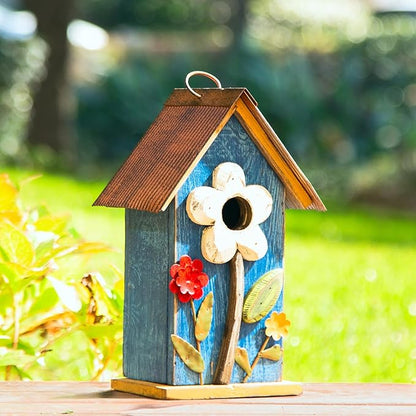 Glitzhome Hanging Bird House for Outdoor, 10.2" H Decorative Birdhouse Pet Cottage Distressed Wooden Bluebird House with 3D Flowers for Outdoor Patio Garden, Washed Blue