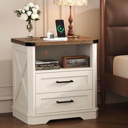 Yusong 23.62” Tall Farmhouse Nightstand, Rustic Wooden Night Stand with Charging Station, Beside Table with Drawers and Open Storage, End Tables for Bedroom, Cream White 003