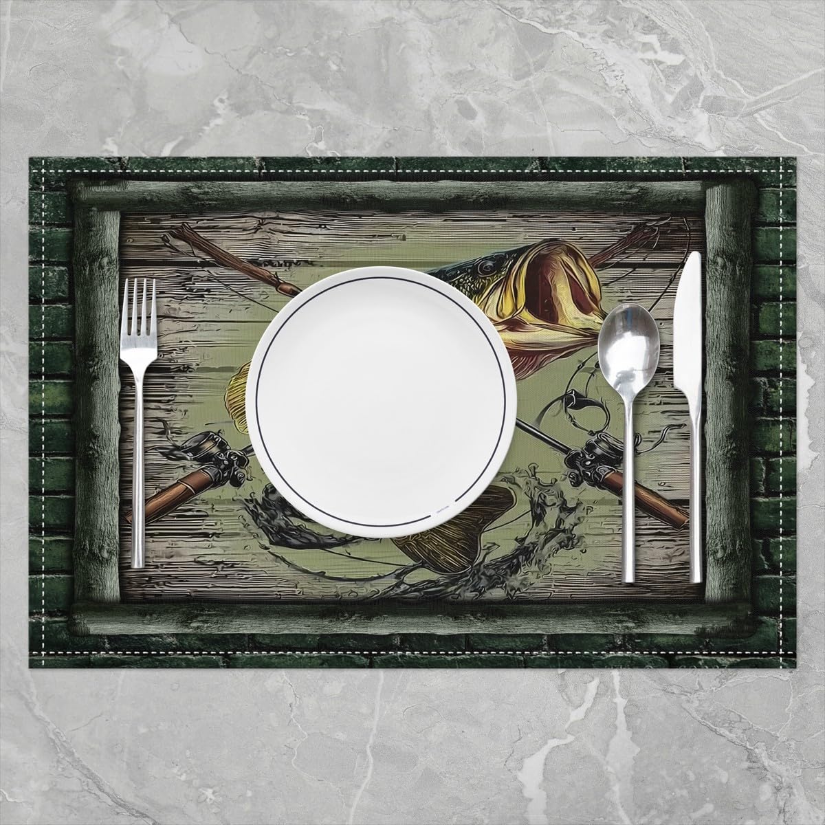 Bass Fish Placemats Set of 4,Hunting and Fishing Table Mats,Rustic Farmhouse Wooden Placemat for Kitchen Dining Table Retro Grey Green Dining Table Decor,18"x12"