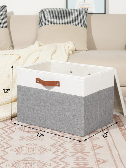 DULLEMELO Fabric Storage Bins with Lid, Set of 2 Large Decorative Storage Boxes for Shelves with Leather Handles, Foldable Storage Baskets for Closet (White&Grey, 17" L x 12" W x 12" H)