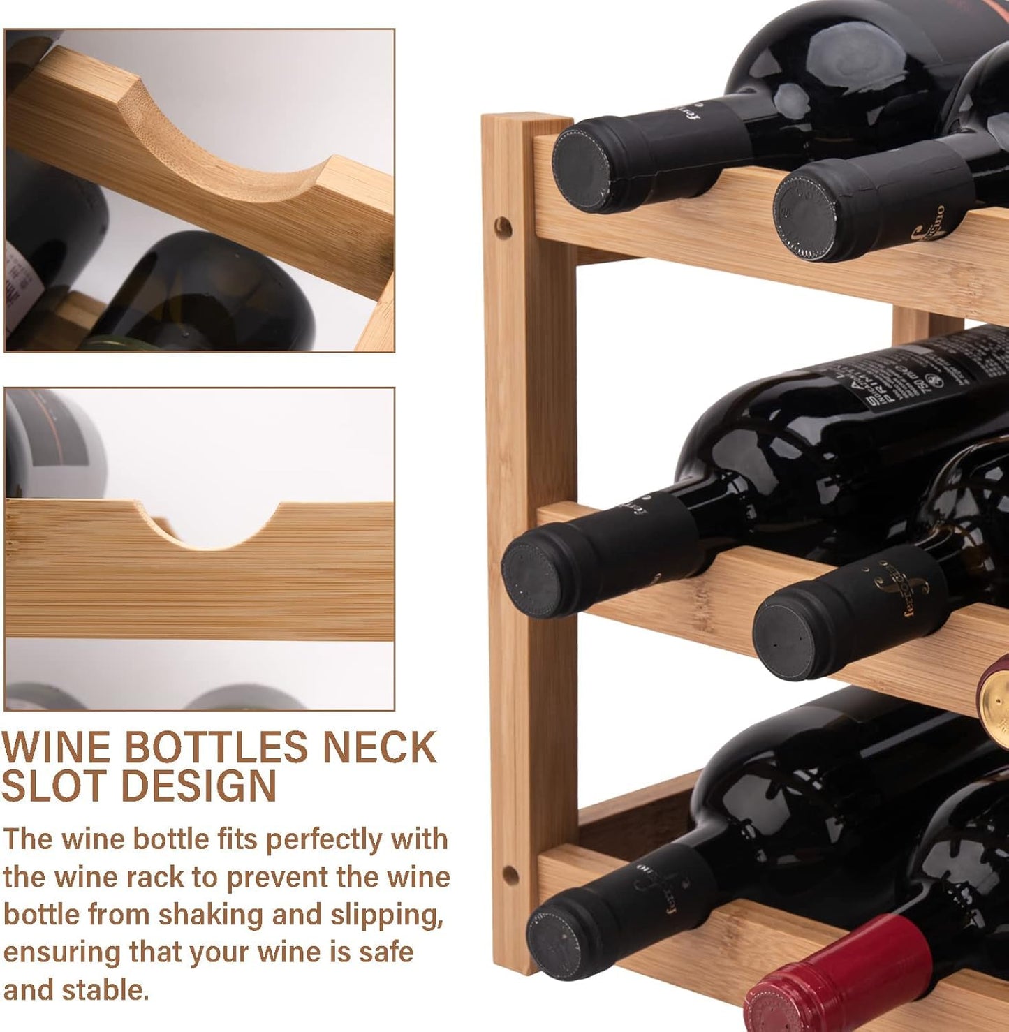LEIMO KPARTS Bamboo Wine Rack, 3-Tier Sturdy and Durable Wine Storage Cabinet Shelf, Wine Racks Countertop for Kitchen Pantry Dining Room Bar,12 Bottles Wine Rack