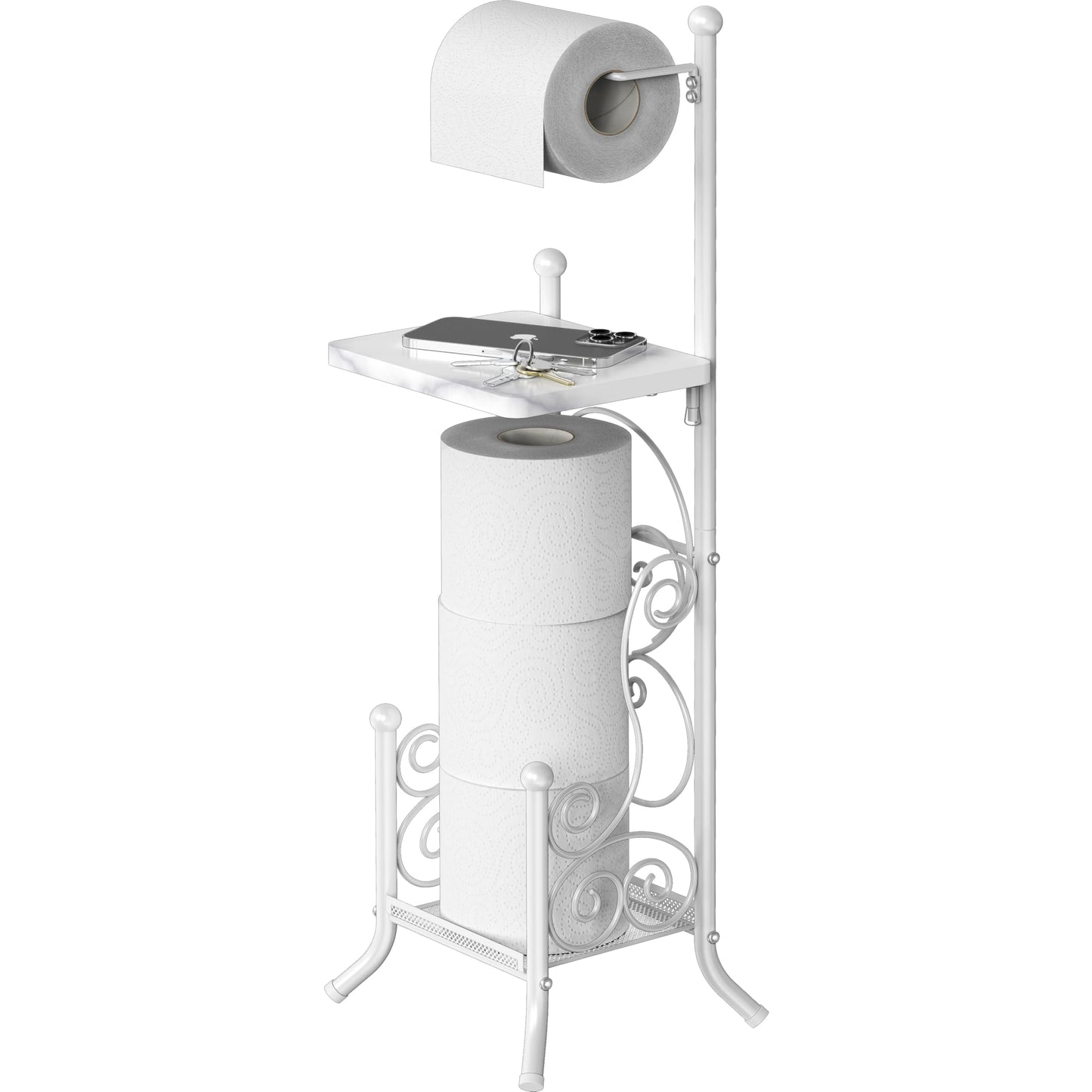Simple Houseware English Style Bathroom Toilet Tissue Roll Holder Stand with Shelf, Marbled White