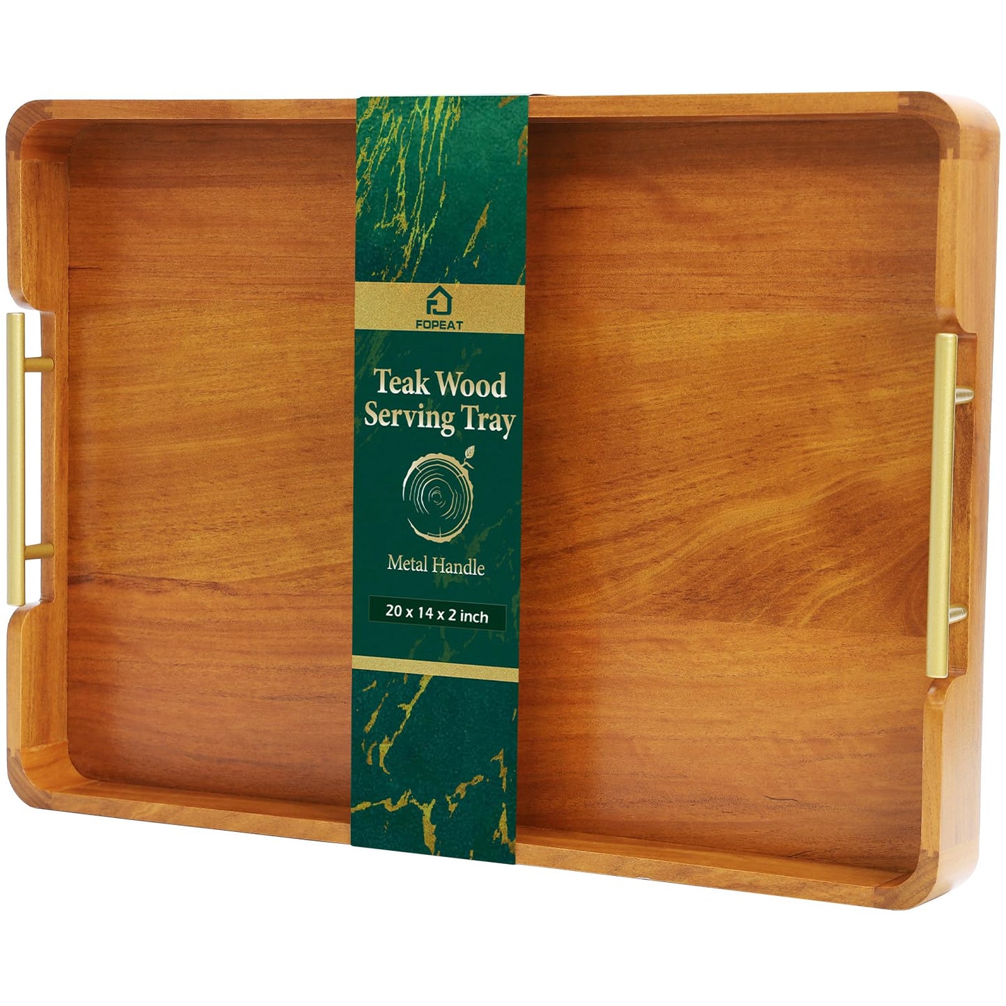 Fopeat Solid Teak Wood Serving Tray with Handles, 20"x14"x2" Large Ottoman Tray for Living Room Kitchen Party, Decorative Rustic Rectangular Tray for Home Coffee Table Breakfast Dinner Bar
