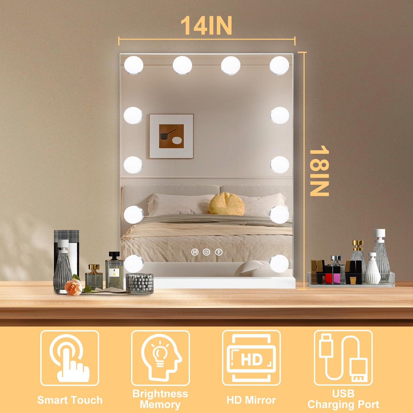 Hollywood Vanity Mirror with Lights, 15 Dimmable Bulbs, 3 Color Lights,Make Up Lighted Mirror, Aluminum Metal Frame, USB Charging Port（23" x 18"）