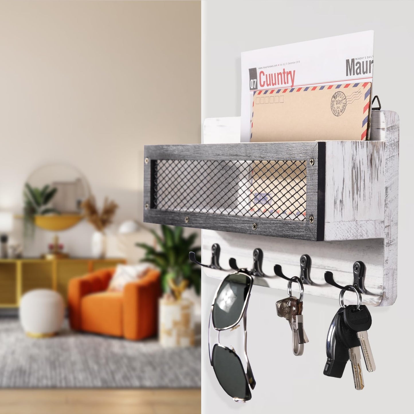 ADIIL Mail and Key Holder for Wall Decorative, Wooden Wall Mount Key Rack Hanger Organizer with 4 Double Key Hooks, Rustic Home Decor for Entryway Hallway, White