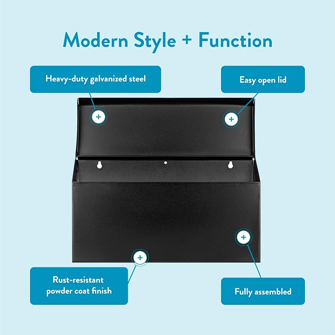 Architectural Mailboxes Harmonist Steel Wall Mount Mailbox, Textured Black | Galvanized steel build for outside with weather-resistant outdoor construction and a rust-resistant powder-coat finish.
