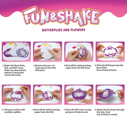 Artnedu Shake-its– Fun&Shake Kit de artesanato com Glitter para crianças, artes e artesanato DIY com chaveiros,Flowers & Butterflies,Creative Gift for Girls & Boys Ages 4, 5, 6, 7, 8, 9, 10