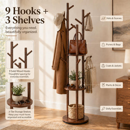 Solid Wood Rotating Coat Rack Freestanding, 360° Coat Tree with 3 Shelves & 9 Hooks, Heavy Duty Rubberwood Coat Hanger Stand, Hat Rack Hall Tree for Entryway Bedroom Office Hallway, Walnut