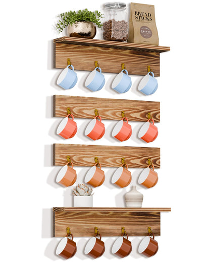 TRSPCWR Coffee Mug Rack Wall Mounted - Coffee Mug Holder with 16 Hooks and Display Shelf, 4 Tier Rustic Wood Bar Cup Organizer for Home Kitchen Display and Collection