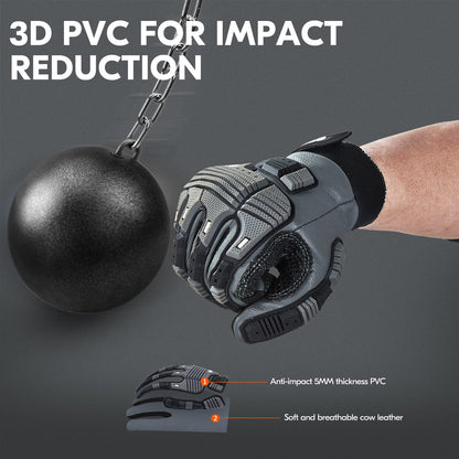 Vgo 1Pair Safety Leather Work Gloves - Mechanics, Impact & Rigger Gloves - Anti-Vibration, Heavy Duty, Water Resistant (Size M, Gray, CA7722WR)