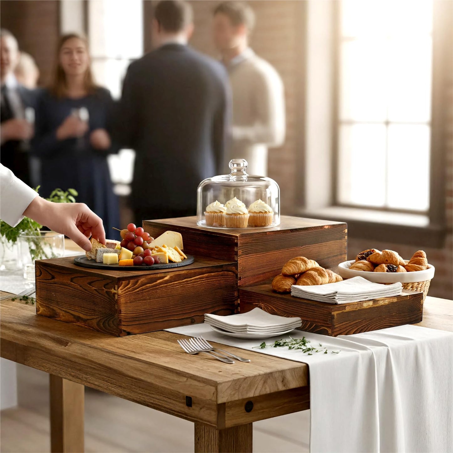 6 Pack Wooden Buffet Risers Rustic Wood Cupcake Stand Catering Supplies Buffet Display with Mini Signs Food Risers for Buffet Table Dessert Display Stand for Home Decor Party Wedding Birthday