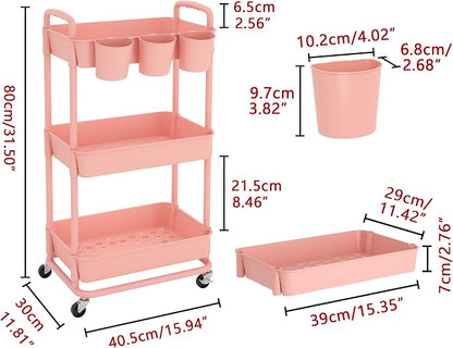 JIUYOTREE 3-Tier Plastic Rolling Storage Cart Utility Cart with Extra Hanging Cups Handles Lockable Wheels for Living Room Bathroom Kitchen Office Pink