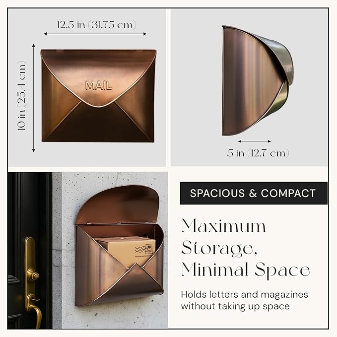 NACH Wall Mount Mailboxes for Outside, 12.5 x 5 x 10 inch Copper Wall Mailboxes for Outside, Waterproof Mailboxes for Outside - Envelope Mailbox
