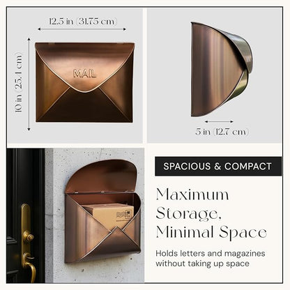 NACH Wall Mount Mailboxes for Outside, 12.5 x 5 x 10 inch Copper Wall Mailboxes for Outside, Waterproof Mailboxes for Outside - Envelope Mailbox
