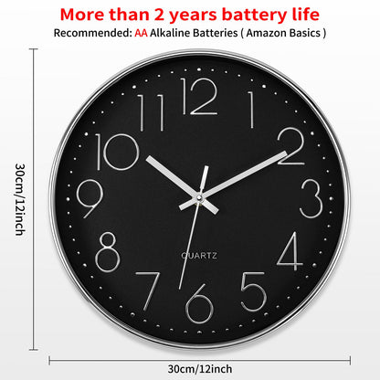 Foxtop Silver Wall Clock Silent Non-Ticking Battery Operated Round Modern Wall Clock for Office School Home Living Room Bedroom Bathroom Kitchen Decor (12 Inch, Black Dial)
