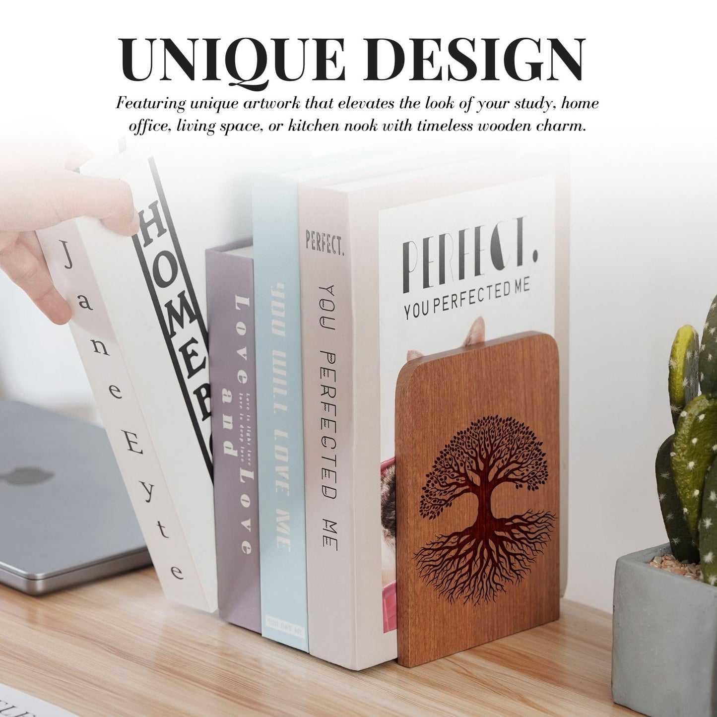 Tree of Life Wood Bookends, Gifts for Book Lovers, Novelty Bookends Unique, Heavy Duty Wooden Book Ends for Shelves Decorative(1 Pair, 4.72x6.69 Inches)